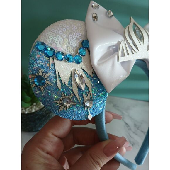 Handmade Frozen Elsa Ears – White Bow, Sequins, Icicles, Glitter & Rhinestones - Picture 5 of 5